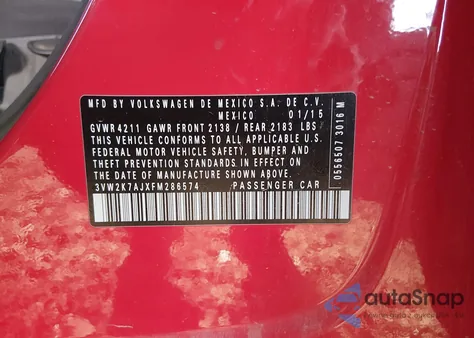 2015 Volkswagen Jetta 2.0L S from USA, damaged, VIN 3VW2K7AJXFM286574